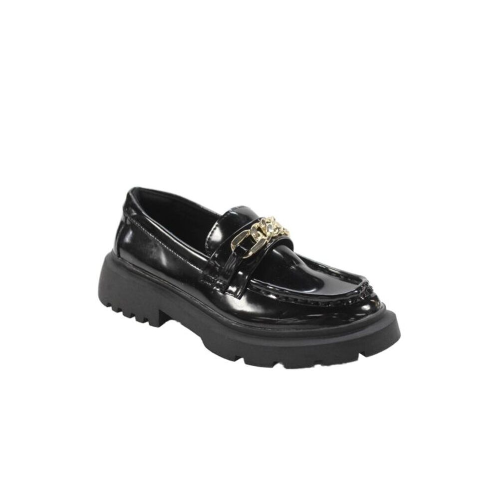 Zara Childrens Girls Patent Leather Chain Link Loafers Black Size 33 3